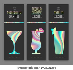 Cocktail menu design with holographic fluid elements. Holographic background. Set of cocktail glasses