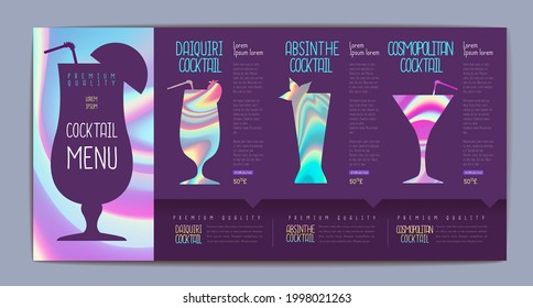 Cocktail menu design with holographic fluid elements. Holographic background. Set of cocktail glasses