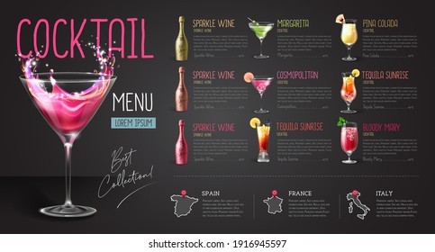 Cocktail Menu Design With Realistic Cocktail Glasses And Bottles. Chalk Background