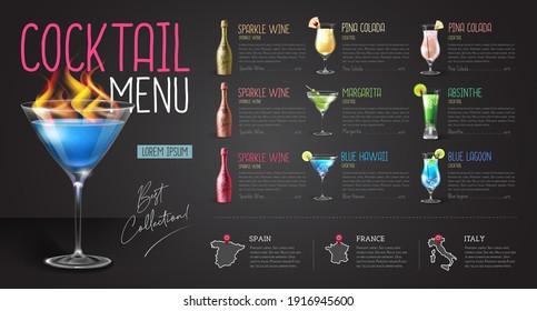 Cocktail Menu Design With Realistic Cocktail Glasses And Bottles. Chalk Background