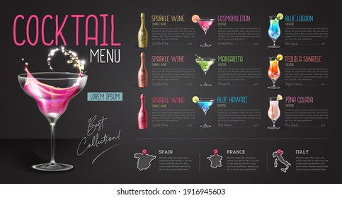 Cocktail menu design with realistic cocktail glasses and bottles. Chalk background