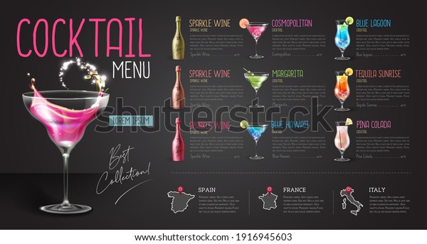 Cocktail Menu Design Realistic Cocktail Glasses: เวกเตอร์สต็อก (ปลอดค่า ...