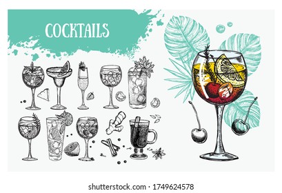 Cocktail menu design template. Alcoholic cocktails hand drawn.	