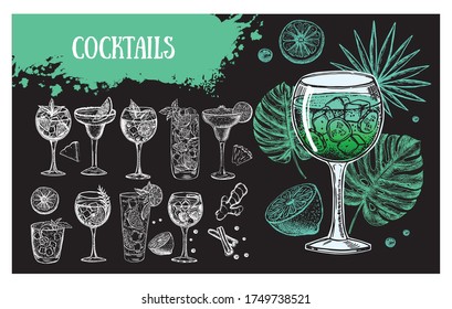 Cocktail menu design template. Alcoholic cocktails hand drawn.	