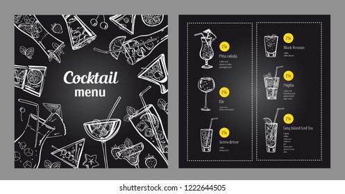 Cocktail menu design template and drink list. Vector outline hand drawn illustration with blackboard background