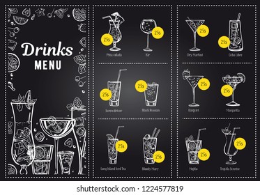 Cocktail menu design template and drink list. Vector outline hand drawn illustration with blackboard background