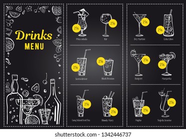 Cocktail menu design template and drink list. Vector outline hand drawn illustration with bottles and glasses on blackboard background