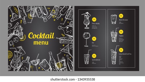 Cocktail menu design template and drink list. Vector outline hand drawn illustration with bottles and glasses on blackboard background