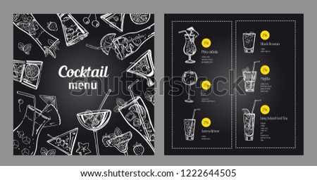 Cocktail menu design template and drink list. Vector outline hand drawn illustration with blackboard background