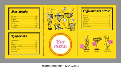 Cocktail menu design template with list of drinks, coffee and graphics with cocktails. Vector outline hand drawn illustration with yellow background