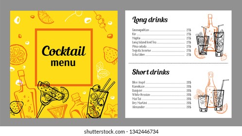 Cocktail menu design template with list of drinks. Vector outline colorful vintage hand drawn illustration with bottles and glasses