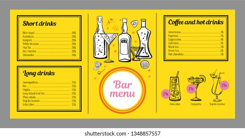 Cocktail menu design template with list of drinks, coffee and graphics with cocktails and bottles. Vector outline hand drawn illustration with yellow background