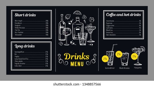 Cocktail menu design template with list of cold and hot drinks and illustrations with cocktails and bottles. Vector hand drawn graphics on blackboard background