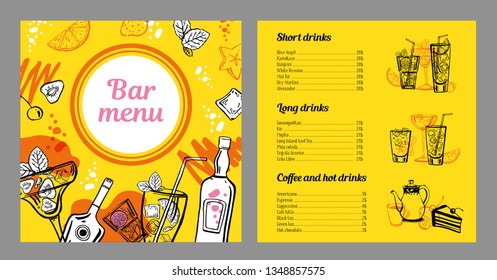 Cocktail menu design template with list of cold and hot drinks. Vector outline vintage hand drawn illustration with bottles and cocktails on yellow background