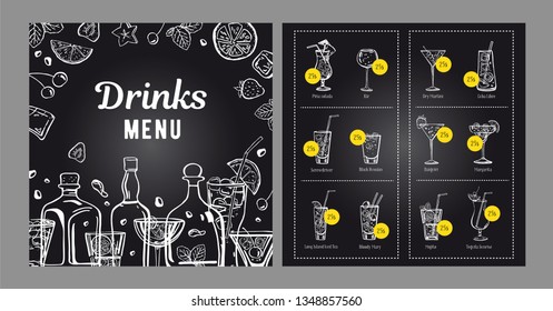 Cocktail menu design template. Vector outline hand drawn illustration with bottles and cocktails on blackboard background