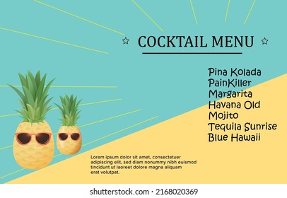 Cocktail Menu Design Vector Illustration. Alcohol Drinks Menu. Bar Brochure Template for Cafe or Restaurant. Beverages Menu.