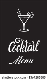 Cocktail menu handwritten lettering design and illustration. Restaurant cafe menu title. Calligraphic headlines. White font on a black background and inverted image. Vector typographic inscription