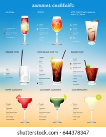 Cocktailkarte auf Strandhintergrund. Eine Reihe alkoholischer Cocktails mit Rezepten. Vektorgrafik