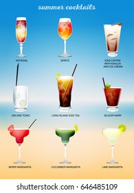 Cocktail menu on beach background. Set of alcoholic cocktails. Kir Royal, Aperol Spritz, Gin and tonic, margarita, long island, bloody Mary and Iced coffee