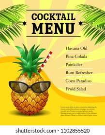 Cocktail menu poster. Pineapple in sunglasses and drinking straw on yellow background with palm leaves. Cold drinks, bar, restaurant. Beverage concept. Can be used for posters, leaflets and brochure