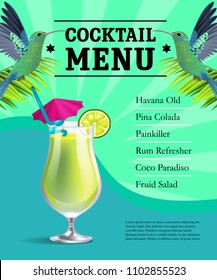 Cocktail menu poster template design. Glass with drink, colibri birds on green and blue background with rays. Hotel bar, restaurant, summer party. Can be used for posters, leaflets and brochure