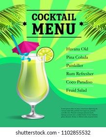 Cocktail menu poster template design. Glass with drink and lime and palm leaves on green background with rays. Bar, restaurant, summer party. Can be used for posters, leaflets and brochure