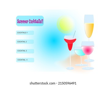 Cocktail menu poster vector. Bar, cafe, beach restaurant sign. Drink concept for summer time. Can be used for posters, brochures and publications.