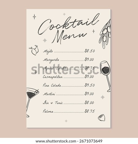 Cocktail menu with price list and hand drawn drinks. Vector illustration cocktail menu for restaurant, bar or party.