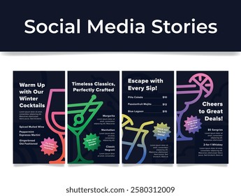 Cocktail menu pub bar nightclub social media stories design template set vector flat illustration. Alcohol drink neon glass line elements party restaurant internet advertising web poster