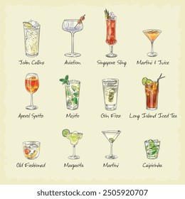 cocktail menu. set of popular cocktails