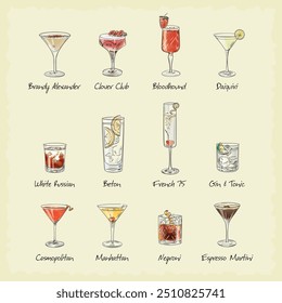 cocktail menu. set of popular cocktails