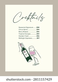Cocktail menu template featuring a hand-drawn illustration of a hand pouring wine into a glass. Modern, minimalist layout suited for bars, restaurants, wedding receptions, and event beverage menus.