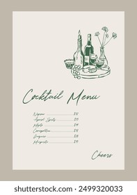 Cocktail menu template. Minimal vector cocktail doodles. Matisse style illustrations.