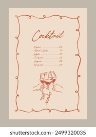 Cocktail menu template. Minimal vector cocktail doodles. Matisse style illustrations.