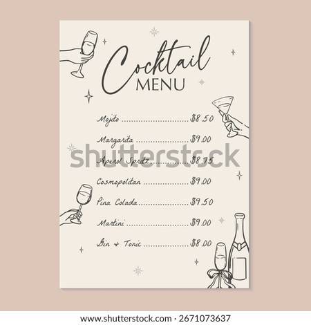 Cocktail menu template with price list and hand holding drinks. Vector illustration cocktail menu for restaurant, bar or party.