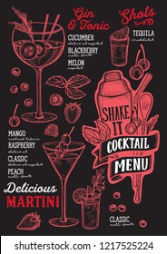 Cocktail menu template for restaurant on a blackboard background vector illustration brochure for food and drink bar. Design layout with vintage lettering and doodle hand-drawn graphic.