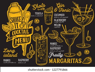 Cocktail menu template for restaurant on a blackboard background vector illustration brochure for food and drink bar. Design layout with vintage lettering and doodle hand-drawn graphic icons.