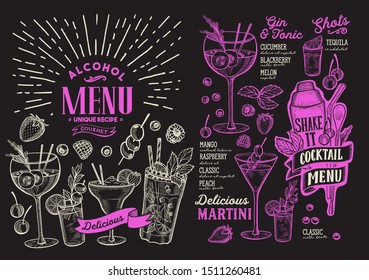 Cocktail menu template for restaurant on a blackboard background vector illustration brochure for food and drink bar. Design layout with vintage lettering and doodle hand-drawn graphic.