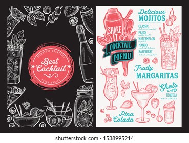 Cocktail menu template for restaurant on a blackboard background vector illustration brochure for food and drink bar. Design layout with vintage lettering and doodle hand-drawn graphic.