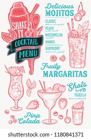 Cocktail menu template for restaurant vector illustration brochure for food and drink bar. Layout with vintage lettering and doodle hand-drawn graphic icons.