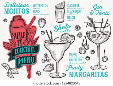 Cocktail menu template for restaurant vector illustration brochure for food and drink bar. Design layout with vintage lettering and doodle hand-drawn graphic icons.