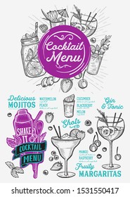 Cocktail menu template for restaurant vector illustration brochure for food and drink bar. Design layout with vintage lettering and doodle hand-drawn graphic icons.