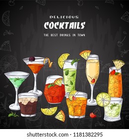 Cocktail menu template with vintage chalk drawing elements in sketch style. Design for restaurant and cafe on chalkboard. Vector illustration