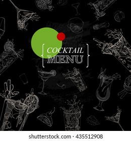  cocktail menu  template in vintage style stylized drawing with chalk on blackboard