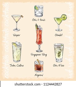 cocktail menu vector illustrstion. cocktails with gin