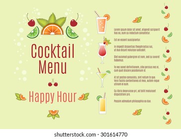 Cocktail menu vector template. Fruit slices and mint leaves decorative elements, four long drinks, sample text on the right side. Graphic bold style, tropical. Easy editable, grouped elements, 10 eps.