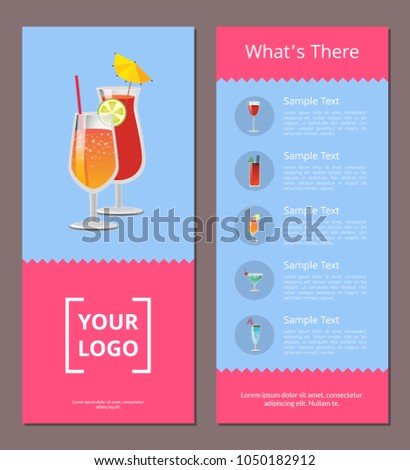 Cocktail menu whats there advertisement poster with closeup of lemonade, vector illustration of drinks ingredients, types and price on red background