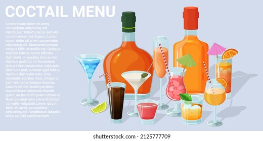 Cocktail menu.Alcoholic beverages in glasses and glasses.Daiquiri, martini, margarita, cosmopolitan, Long Island, blue lagoon and Pina colada.Vector illustration.