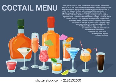 Cocktail menu.Alcoholic beverages in glasses and glasses.Daiquiri, martini, margarita, cosmopolitan, Long Island, blue lagoon and Pina colada.Vector illustration.