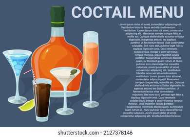 Cocktail menu.Alcoholic beverages in glasses and glasses.Daiquiri, martini, margarita, cosmopolitan, Long Island, blue lagoon and Pina colada.Vector illustration.